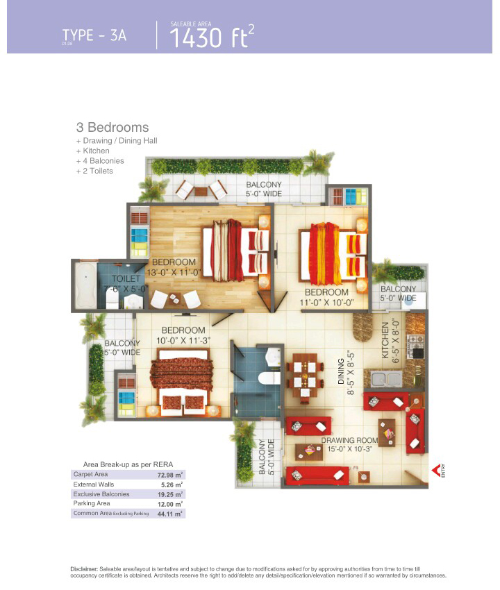 The floor plan size of 3 BHK Flat is 1430 sq ft.
