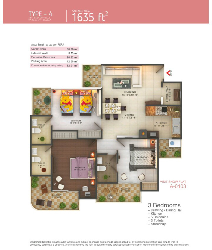 The floor plan size of 3 BHK Flat is 1635 sq ft.