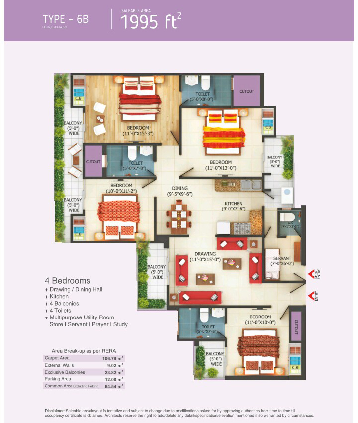 The floor plan size of 4 BHK Flat is 1995 sq ft.