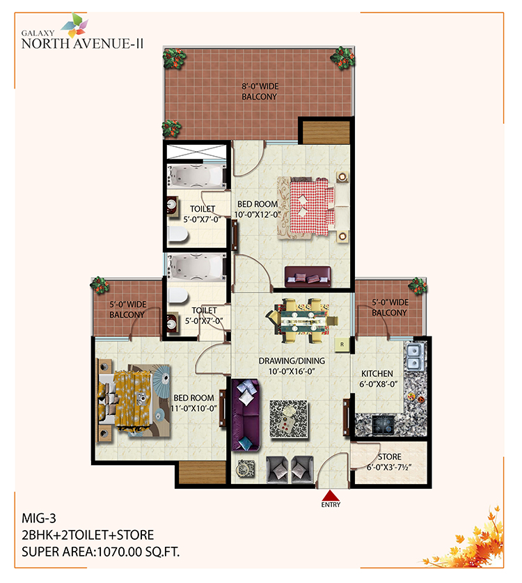 The floor plan size of Galaxy Noth Avenue 2 2 BHK Flats is 1070 sq ft.