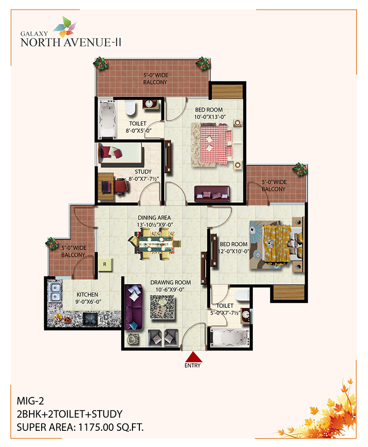 The floor plan size of Galaxy Noth Avenue 2 2 BHK Flats is 1175 sq ft.