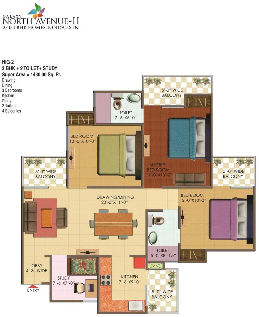 The floor plan size of Galaxy Noth Avenue 2 3 BHK Flats is 1430 sq ft.