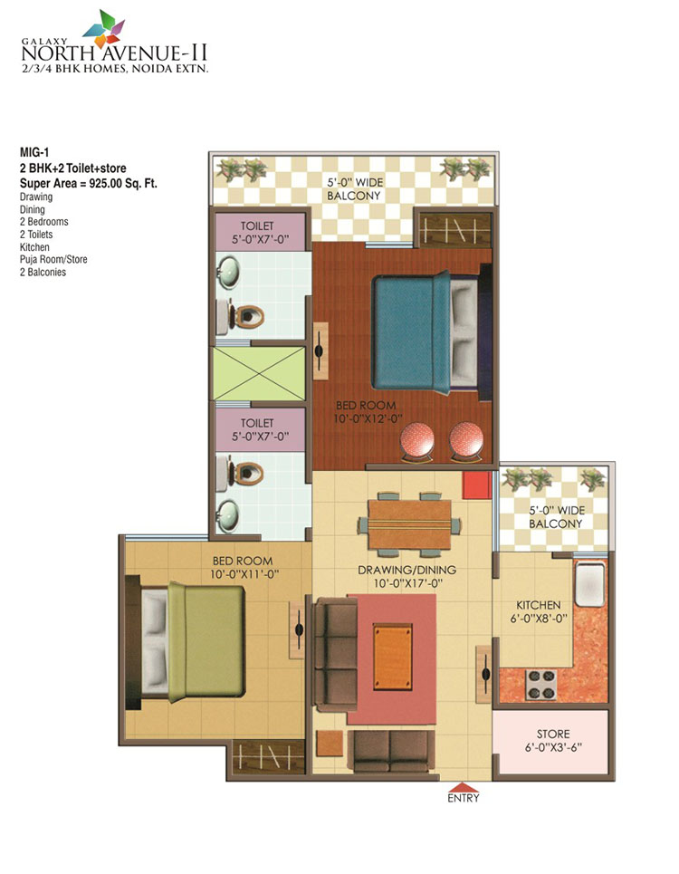 The floor plan size of Galaxy Noth Avenue 2 2 BHK Flat is 925 sq ft.