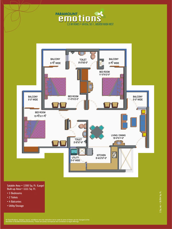 The floor plan size of Paramount Emotions 3 BHK Flat is 1380 sq ft.