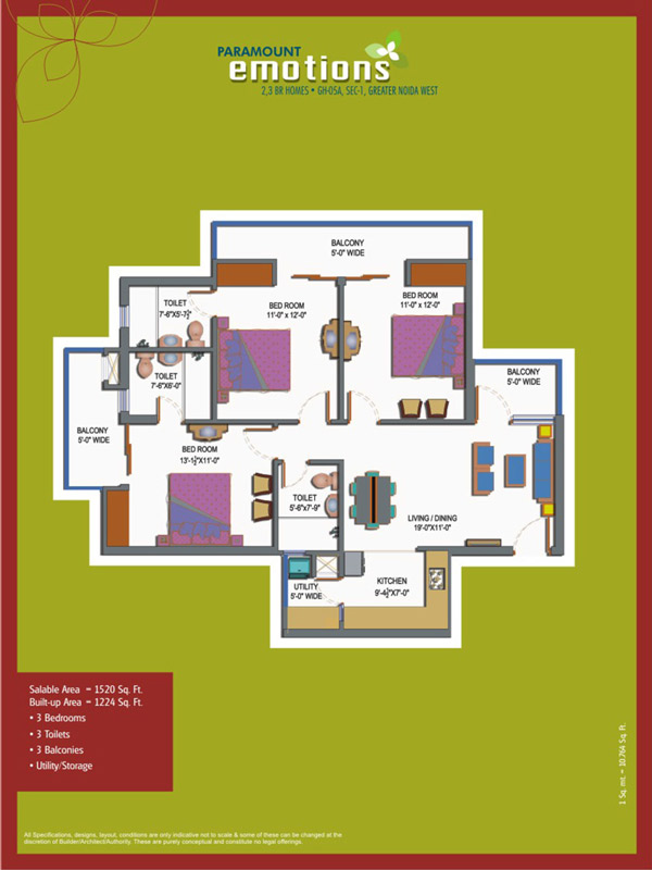 The floor plan size of Paramount Emotions 3 BHK Flat is 1520 sq ft.