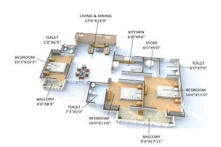 The floor plan size of 3 BHK Flat is 1441 sq ft.